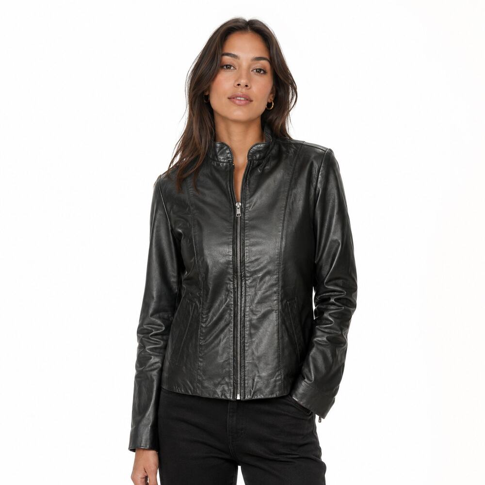 Bettina Rizzi Moto Leather Jacket Womens Large Black Full Zip Argentina Vintage
